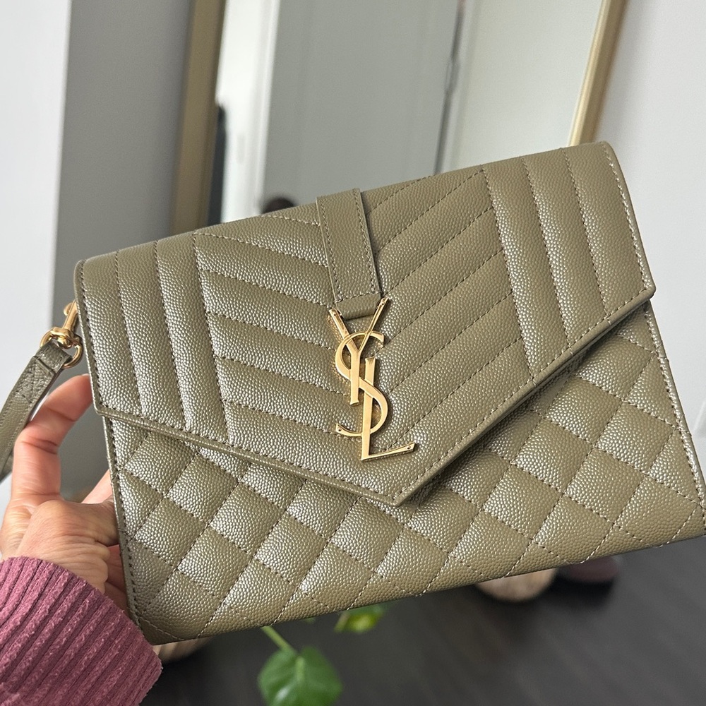 Saint Laurent Khaki Quilted Clutch Grain Leather